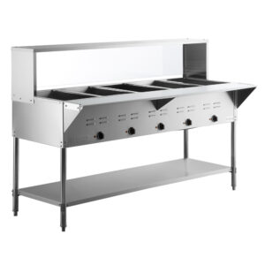 MESA CALIENTE ELECTRICA BANO MARIA CON ENTREPANO Y REPISA ALTA EN ACERO INOXIDABLE PARA 5 INSERTOS 208/240V