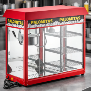 MAQUINA FABRICADORA DE PALOMITAS CARNAVAL KING PMW17R, CAP 8oz, marco de acero inox rojo brillante, con espacio para exhibicion
