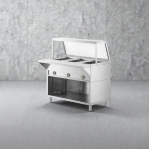 MESA CALIENTE ELECTRICA BANO MARIA TIPO GABINETE CON ENTREPANO Y REPISA ALTA EN ACERO INOXIDABLE PARA 3 INSERTOS Y TABLA DE CORTE DE 8 PG