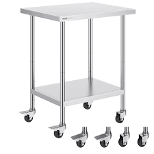 MESA DE TRABAJO CON RUEDAS 30PG x 30PG (76 X 76 CM) CUBIERTA DE ACERO INOXIDABLE 304 CAL 16 Y ENTREPANO EN ACERO INOXIDABLE 430 CAL. 18