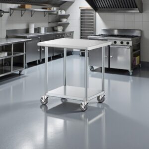 MESA DE TRABAJO CON RUEDAS 30 X 36 PG (76 X 92 CM) CUBIERTA DE ACERO INOXIDABLE 304 CAL 16 Y PATAS Y ENTREPANO EN GALVANIZADO