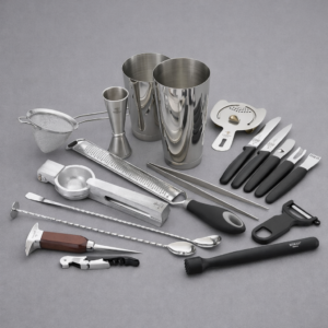 KIT PARA BAR 19 PIEZAS COLOR ACERO INOX, 1 COLADOR DE MALLA, PINZA, 2 CUCHARA DE BAR, MUDDLER, COLADOR DE BEBIDAS, JIGGER 1 Y 2 OZ, RALLADOR, EXPRIMIDOR, PELADOR