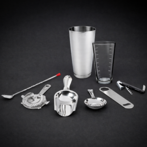 KIT PARA BAR DE 8 PIEZAS INCLUYE SACACORCHOS, ABRESODAS, COLADOR, CUCHARA MEZCLADORA, VASO 16 OZ, COCTELERA 30 OZ Y COLADOR JULEP