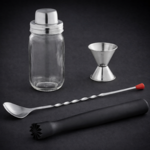 KIT PARA BAR MODELO MASNBRKIT 4 PIEZAS INCLUYE MASON JAR CON TAPA DE 25 OZ, CUCHARA DE BAR, JIGGER Y MUDDLER