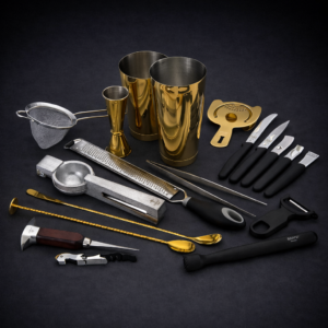 KIT PARA BAR 19 PIEZAS COLOR DORADO, 1 COLADOR DE MALLA, PINZA, 2 CUCHARA DE BAR, MUDDLER, COLADOR DE BEBIDAS, JIGGER 1 Y 2 OZ, RALLADOR, EXPRIMIDOR, PELADOR