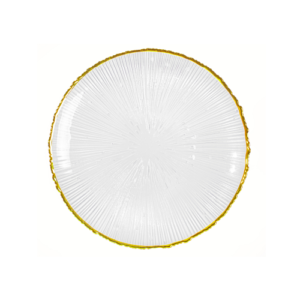 Plato base de cristal de 33 cm, transparente con textura completa con filo dorado TULIPAN