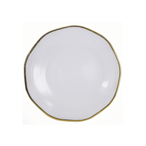 Plato base de cristal de 32 cm, transparente con textura circular y filo dorado ISLANDIA