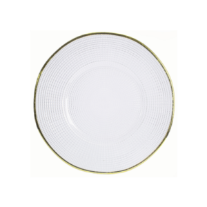 Plato base de cristal de 32 cm, transparente textura circular con filo dorado NORUEGA