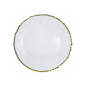 Plato base de cristal de 32 cm, transparente con textura de lineal al borde con filo dorado ISLANDIA
