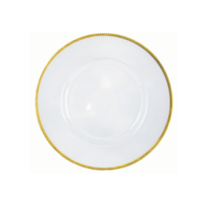 Plato base de cristal de 32 cm, transparente con filo color dorado y plateado ICARO