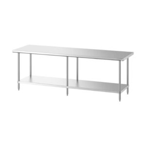 MESA DE TRABAJO 30 x 96 PG (76 X 243 CM) SIN RESPALDO CUBIERTA DE ACERO INOXIDABLE 430 CAL. 18 Y ENTREPANO EN ACERO INOXIDABLE 430 REGENCY