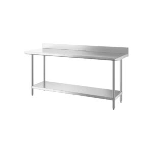 MESA DE TRABAJO 24PG x 72PG (60 X 182 CM) CON RESPALDO CUBIERTA DE ACERO INOXIDABLE 304 Y ENTREPANO EN ACERO INOX 430 REGENCY
