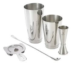 KIT PARA BAR 5 PIEZAS COLOR NEGRO VINTAGE, COCTELERA BOSTON, CUCHARA DE BAR , JIGGER DE 1 Y 2 ONZAS Y COLADOR DE BEBIDAS