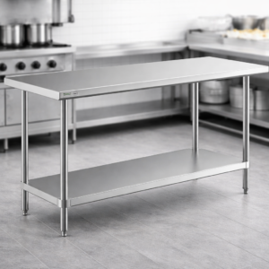 MESA DE TRABAJO 30PG x 48PG (76 X 122 CM) SIN RESPALDO CUBIERTA DE ACERO INOXIDABLE 430 Y ENTREPANO EN ACERO INOX 430 REGENCY