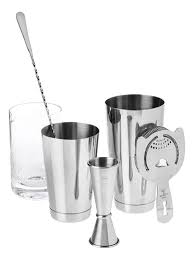 JUEGO DE BARTENDER 4 PIEZAS DOS VASOS PARA MEZCLAR CAPACIDAD 16 OZ , JIGGER DE 1 Y 2 OZ, COLADOR DE BEBIDAS Y CUCHARA PARA BAR COLOR ACERO INOXIDABLE