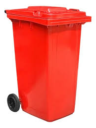 CONTENEDOR DE BASURA RECTANGULAR CON RUEDAS 121 LITROS (32 GAL) TAPA ABATIBLE COLOR ROJO