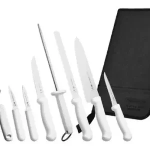 JUEGO SET DE CUCHILLOS PROFESIONALES 9 PIEZAS Deshuesador 6pg, panadero 9pg, chef 8pg, pelador de 3 1/4pg, santoku de 7pg, rebanador dentado de 10pg, multiusos de 5pg, chaira de 12 pg
