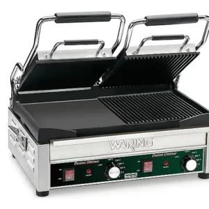 PANINI GRILL DOBLE CON DOS PLACAS ONDULADOS Y DOS PLACAS LISAS SUPERFICIE PARA COCINAR 17 x 9 1/4 PG - 240V, 3120W MARCA WARING