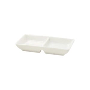 Plato para salsa rectangular de porcelana blanca europea de dos compartimentos DSD021BEP23 Catalyst de  2 oz en total Front of the house  (Precio por 12 piezas)