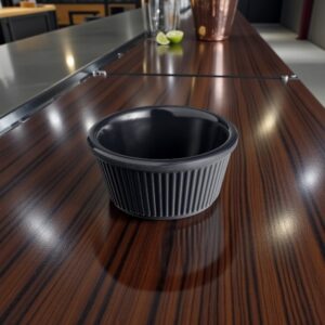 RAMEKIN 3 OZ ESTRIADO MELAMINA COLOR NEGRO ACOPA ALTURA 1 1/2 PG, DIAMETRO INFERIOR 2 PG, DIAMETRO SUPERIOR 3 PG (PRECIO POR 12 PIEZAS)