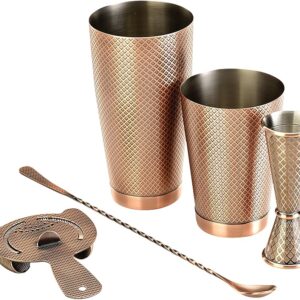 KIT PARA BAR MODELO M37206ACP 5 PIEZAS COLOR COBRE TIPO ENREJADO CON VASOS DE 28 Y 18 OZ , JIGGER DE 1/2 OZ, COLADOR DE BEBIDAS Y CUCHARA DE BAR