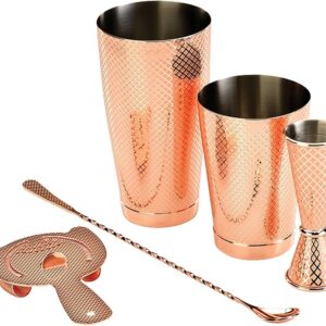 KIT PARA BAR MODELO M37206CP 5 PIEZAS COLOR COBRE BRILLANTE TIPO ENREJADO CON VASOS DE 28 Y 18 OZ, JIGGER DE 1/2 OZ, COLADOR DE BEBIDAS Y CUCHARA DE BAR