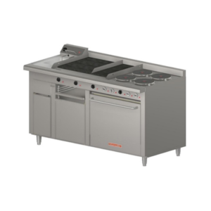 Estufa Electrica MULTIPLE-E Master Acero Inoxidable 4 platos de hierro fundido de 2600W cada uno, Asador con área útil de 0.29m x 0.54m y resistencia de 3350W, Gratinador de 0.435m x 0.60m, Freidor con capacidad para 3 litros de aceite y resistencia de 1800W