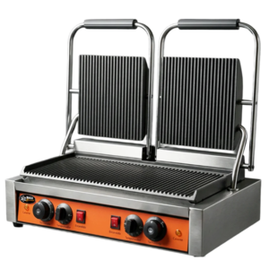 Plancha Panini Ppme-3 Gabinete En Acero Inoxidable Planchas En Fundición Acanaladas, Escurridor De Grasa 57 X 31 X 38.5 Cm