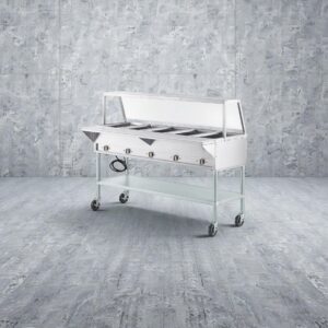 MESA CALIENTE ELECTRICA BANO MARIA CON ENTREPANO Y REPISA ALTA Y REPISA DESLIZADORA EN ACERO INOXIDABLE PARA 5 INSERTOS 240 V, 3750 W MEDIDAS: 71 X 30 X 34 PG CON TABLA DE CORTE MEDIDAS: 57 X 8 PG CON RUEDAS SERVIT