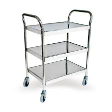 CARRO DE SERVICIO 3 REPISAS DE ACERO INOXIDABLE TIPO 304 MEDIDA: 36 x 24 x 37 PG ENTREPANOS AJUSTABLES CAPACIDAD 950 KG MARCA REGENCY