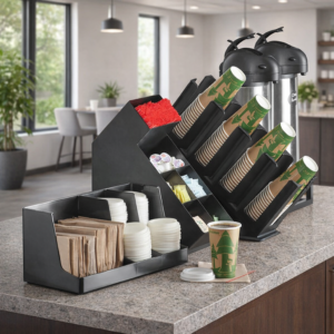 ORGANIZADOR DE CAFE 3 PIEZAS - PORTAVASOS, PORTA CONDIMENTOS Y PORTA SERVILLETAS Y TAPAS Medidas: 4 1/4 - 8 1/4 X 14 1/2 X 7 1/4 - 17 3/4 PG
