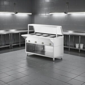 MESA CALIENTE ELECTRICA BANO MARIA TIPO GABINETE CON ENTREPANO Y REPISA ALTA EN ACERO INOXIDABLE PARA 4 INSERTOS Y TABLA DE CORTE DE 8 PG 120V, 2000W SERVIT
