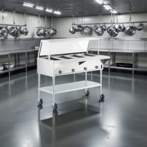 MESA CALIENTE ELECTRICA BANO MARIA CON ENTREPANO Y REPISA ALTA EN ACERO INOXIDABLE PARA 4 INSERTOS 120V, 2000W MEDIDAS: 57 X 30 X 34 PG CON TABLA DE CORTE MEDIDAS: 57 X 8 PG CON RUEDAS SERVIT