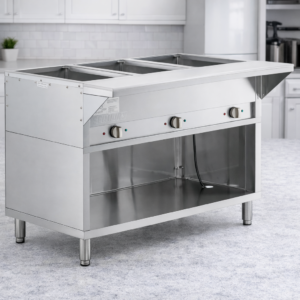 MESA CALIENTE ELECTRICA BANO MARIA SERVLT TIPO GABINETE ABIERTO EN ACERO INOXIDABLE PARA 3 INSERTOS 120V, DE 1,500W MEDIDAS: 43 3/8 X 30 3/16 X 34 PG CON TABLA DE CORTE CON REGATONES NIVELADORES
