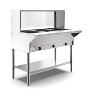 MESA CALIENTE ELECTRICA BANO MARIA CON ENTREPANO Y REPISA ALTA EN ACERO INOXIDABLE PARA 4 INSERTOS 208/240V, 3000W MEDIDAS: 57 X 30 X 34 PG CON TABLA DE CORTE MEDIDAS: 57 X 8 PG