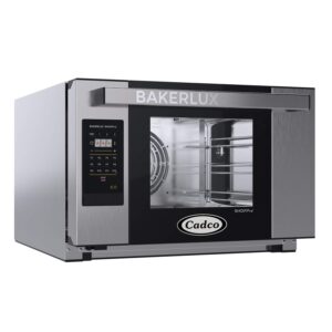 Horno de conveccion 2.1 pies cubicos digital para encimera de 4 estantes, tamano medio, resistente, con puerta lateral derecha y panel de control tactil, 208-240 V Bakerlux Station XAFT-04HS-TR Cadco