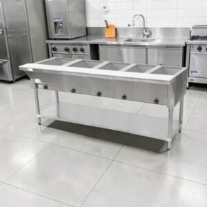 MESA CALIENTE ELECTRICA BANO MARIA ADVANCE TABCO MOD. SW-5E-240 CON ENTREPANO EN ACERO INOXIDABLE PARA 5 INSERTOS DE 4,125 - 5,500 WATTS DE 208/240V MEDIDAS: 77 3/4 X 30 5/8 X 34 3/8 PG CON TABLA DE CORTE CON REGATONES NIVELADORES