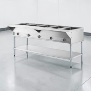 MESA CALIENTE ELECTRICA BANO MARIA CON ENTREPANO EN ACERO INOXIDABLE PARA 5 INSERTOS 208/240V, 3750W MEDIDAS: 71 X 30 X 34 PG CON TABLA DE CORTE MEDIDAS: 71 X 8 PG MARCA SERVIT