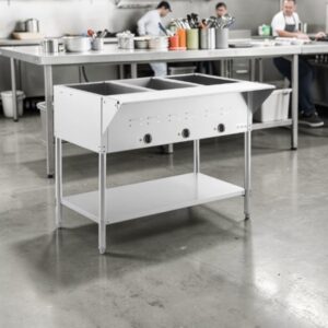 MESA CALIENTE ELECTRICA BANO MARIA CON ENTREPANO EN ACERO INOXIDABLE PARA 3 INSERTOS 120V, 1000W MEDIDAS: 43X30X38 PG CON TABLA DE CORTE MEDIDAS: 43 X 8 PG