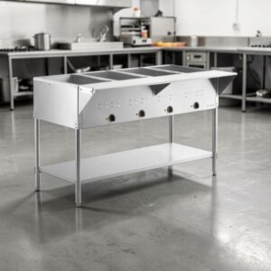 MESA CALIENTE ELECTRICA BANO MARIA CON ENTREPANO EN ACERO INOXIDABLE PARA 4 INSERTOS 208/240V, 3000W MEDIDAS: 57 X 30 X 34 PG CON TABLA DE CORTE MEDIDAS: 57 X 8 PG 177STE4SA