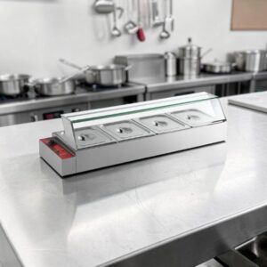 BANO MARIA ELECTRICO SOBRE BARRA PARA 4 INSERTOS MEDIOS 1750W DE 120V MEDIDAS: 46 X 14 X 10 PG MARCA AVANTCO