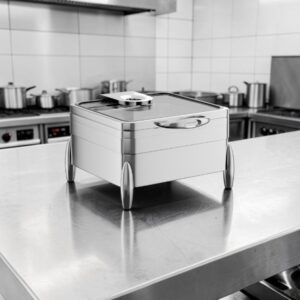 CHAFER DE INDUCCION 6 QT CUADRADO TRADICIONAL CON TAPA DE CRISTAL CIERRE SUAVE Y BASE ESTRUCTURA CON PORTA LATAS DE ALCOHOL MANCHESTER ACOPA