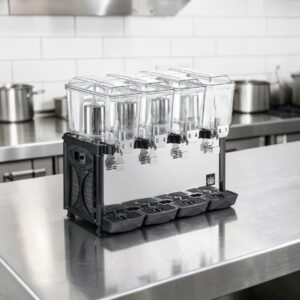 DISPENSADOR DE BEBIDAS REFRIGERADO CUADRUPLE DE 3 GALONES CADA TINA MARCA CARNIVAL KING MEDIDAS: 32 X 16 5/16 X 28 1/8 PG