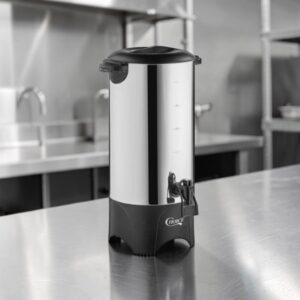 CAFETERA 46 TAZAS PERCOLADORA ACABADO EN ACERO INOXIDABLE Y LLAVE DISPENSADORA, MEDIDAS GENERALES: 9 X 8 3/4 X 15 PG, 120 V - 1,000 W MARCA CHOICE