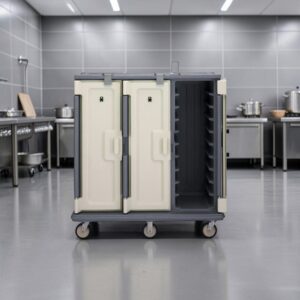 CARRO TERMICO PARA CHAROLAS CAPACIDAD 30 CHAROLAS DE 14 X 18 PULGADAS MEDIDAS GENERALES: 60X29 1/4X63 5/8 PG MARCA CAMBRO MDC1418T30191 COLOR GRANITO