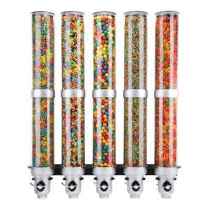 DISPENSADOR DE CEREAL DE 5 CONTENEDORES DE 9 LTS CADA UNO, HECHO EN ACRILICO DE ALTA DURABILIDAD, MEDIDAS: 78 X 16 X 97 CM MARCA CAL MIL